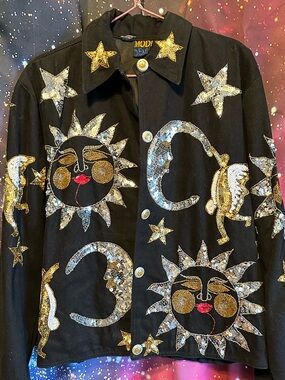 Embellished Sun & Moon Sequin Jacket - Black Vintage